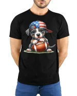 Cute American Puppy Football Graphic Tee Patriotic Sports Art - model wearing black tee with hands behind back