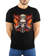 Flaming Skull Mechanic Warrior Graphic T Shirt With Bold Fire Art - model wearing black tee with hands behind back