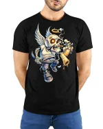 Angel Skull Graffiti Rebel Art Graphic T Shirt With Halo Wings - model wearing black tee with hands behind back