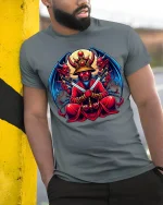 Demon King Samurai Dark Fantasy Art Graphic T Shirt - model wearing grey tee, leaning on column