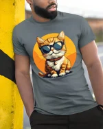 Cool Cat Wearing Sunglasses Cartoon Art Graphic T Shirt - model wearing grey tee, leaning on column