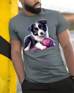 Cute Puppy Playing With Yarn Adorable Dog Cartoon T Shirt - model wearing grey tee, leaning on column