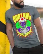 Retro Gamer Skull Control Freak Cartoon Art Graphic T Shirt - model wearing grey tee, leaning on column