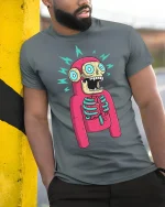 Funny Shocked Skeleton Cartoon Graphic T Shirt With Bold Colors - model wearing grey tee, leaning on column