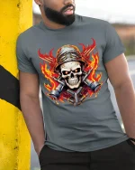 Flaming Skull Mechanic Warrior Graphic T Shirt With Bold Fire Art - model wearing grey tee, leaning on column