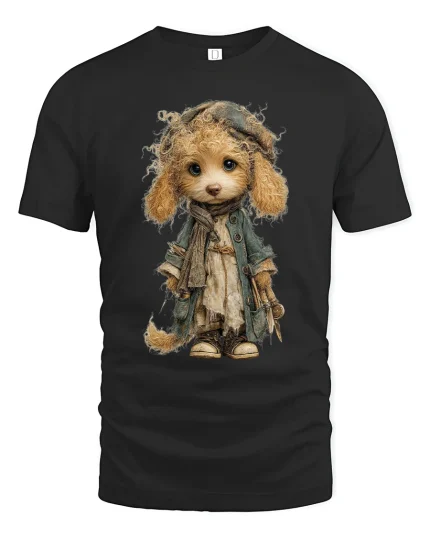 Vintage Cute Puppy Doll Art T Shirt Whimsical Storybook Style - black t-shirt on white background