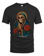 Sacred Praying Skull Art Tee Day Of The Dead Style - black t-shirt on white background