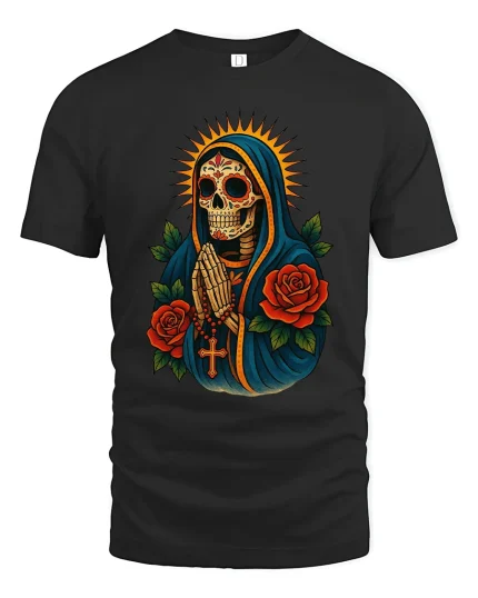 Sacred Praying Skull Art Tee Day Of The Dead Style - black t-shirt on white background