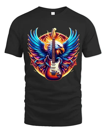 Flaming Eagle Electric Guitar Art Tee Powerful Rock Energy Style - black t-shirt on white background