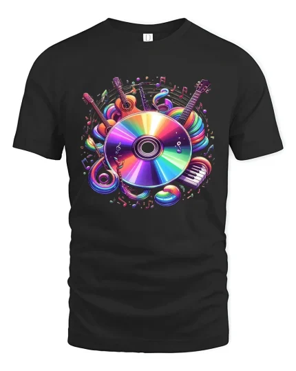 Colorful Music Disc Art Tee Vibrant Sound And Rhythm Style - black t-shirt on white background
