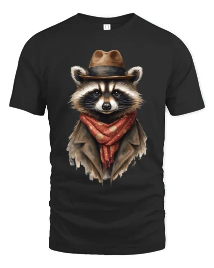 Stylish Raccoon Gentleman Art Tee Cool Vintage Character Style - black t-shirt on white background