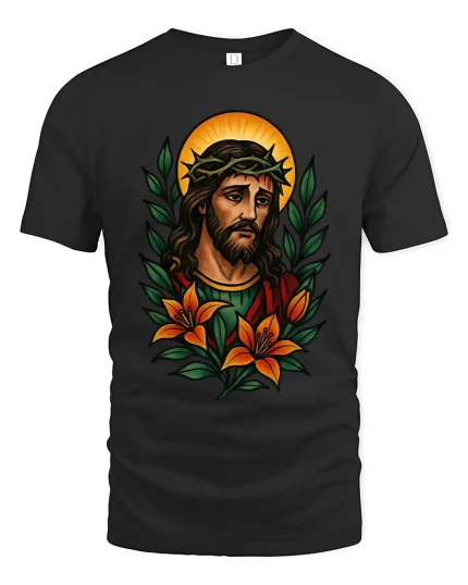 Sacred Jesus Portrait Art Tee Floral Religious Illustration - black t-shirt on white background