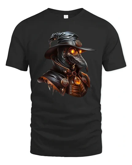 Dark Plague Doctor Art Tee Gothic Steampunk Mystery Style - black t-shirt on white background