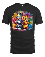 Colorful Cartoon Cat And Mouse Art Tee Fun Paint Splash Style - black t-shirt on white background