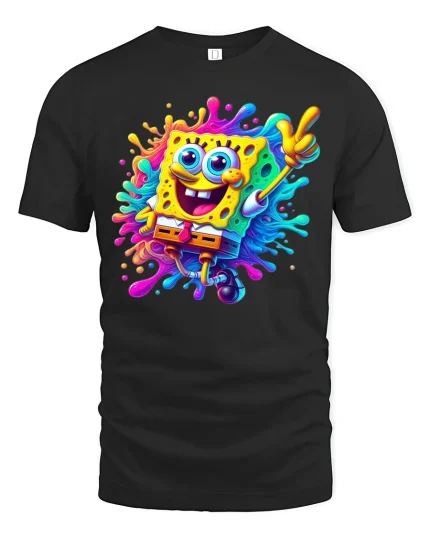 Colorful Happy Sponge Cartoon Art Tee Fun Paint Splash Style - black t-shirt on white background