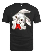 Cute Shy Bunny Cartoon Art Tee Sweet Blush Adorable Style - black t-shirt on white background