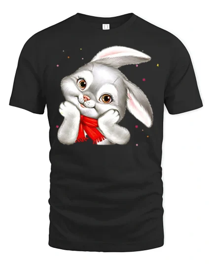 Cute Shy Bunny Cartoon Art Tee Sweet Blush Adorable Style - black t-shirt on white background