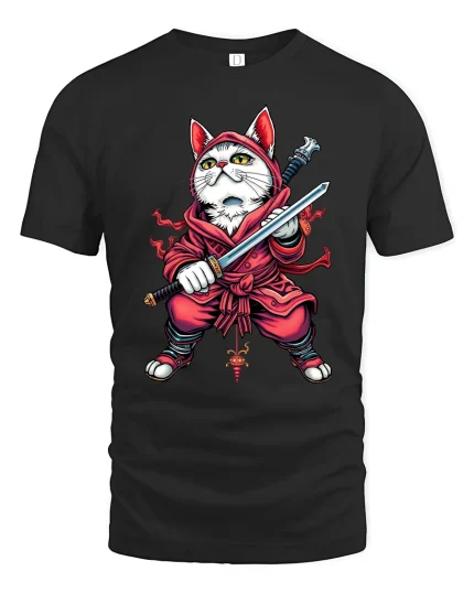 Cute Ninja Cat Samurai Art Tee Fierce Funny Anime Style - black t-shirt on white background
