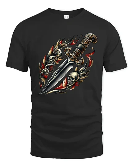 Dark Skull Dagger Art Tee Gothic Blade Fantasy Illustration - black t-shirt on white background