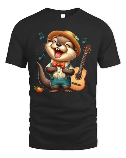 Happy Singing Otter Music Art Tee Cute Funny Animal Style - black t-shirt on white background