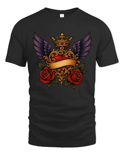 Royal Winged Heart Rose Art Tee Elegant Gothic Symbol Style - black t-shirt on white background