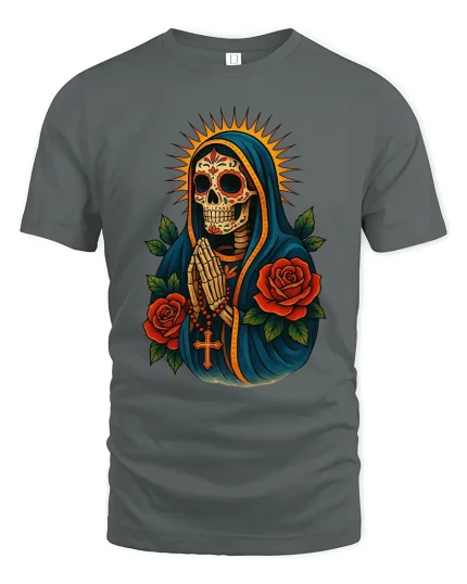 Sacred Praying Skull Art Tee Day Of The Dead Style - gray t-shirt on white background