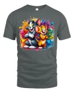 Colorful Cartoon Cat And Mouse Art Tee Fun Paint Splash Style - gray t-shirt on white background