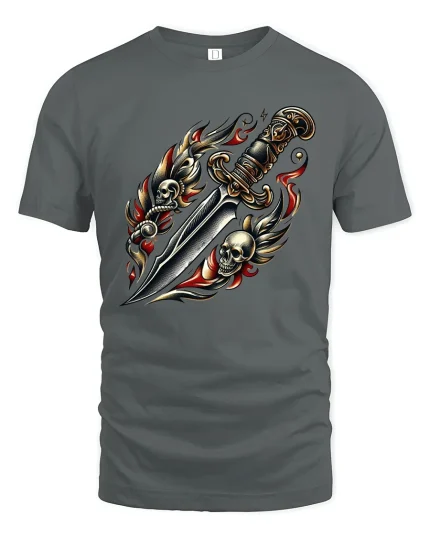 Dark Skull Dagger Art Tee Gothic Blade Fantasy Illustration - gray t-shirt on white background