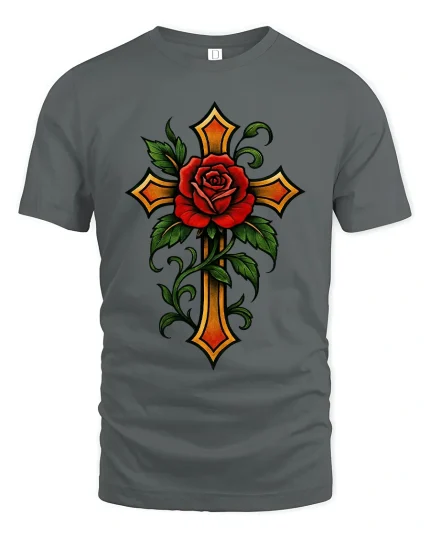 Sacred Rose Cross Art Tee Spiritual Floral Symbol Design - gray t-shirt on white background