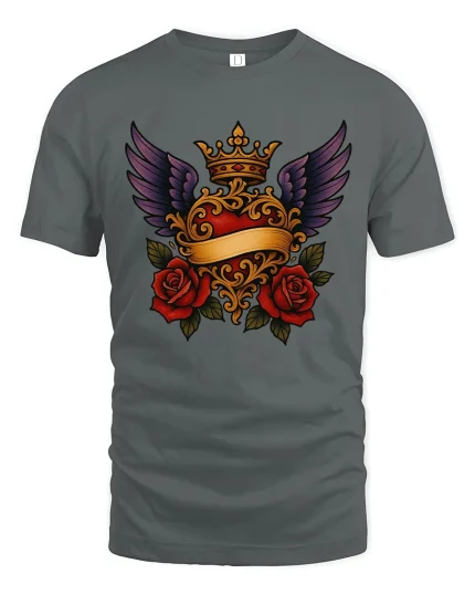 Royal Winged Heart Rose Art Tee Elegant Gothic Symbol Style - gray t-shirt on white background