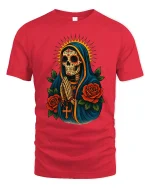 Sacred Praying Skull Art Tee Day Of The Dead Style - red t-shirt on white background