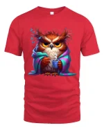 Cozy Grumpy Owl Coffee Art Tee Cute Funny Morning Mood - red t-shirt on white background