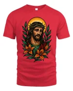Sacred Jesus Portrait Art Tee Floral Religious Illustration - red t-shirt on white background