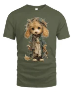 Vintage Cute Puppy Doll Art T Shirt Whimsical Storybook Style - military green t-shirt on white background