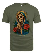 Sacred Praying Skull Art Tee Day Of The Dead Style - military green t-shirt on white background