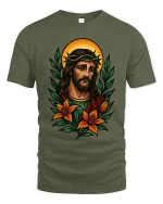 Sacred Jesus Portrait Art Tee Floral Religious Illustration - military green t-shirt on white background