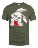 Cute Shy Bunny Cartoon Art Tee Sweet Blush Adorable Style - military green t-shirt on white background
