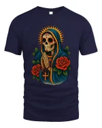 Sacred Praying Skull Art Tee Day Of The Dead Style - navy t-shirt on white background