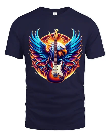 Flaming Eagle Electric Guitar Art Tee Powerful Rock Energy Style - navy t-shirt on white background