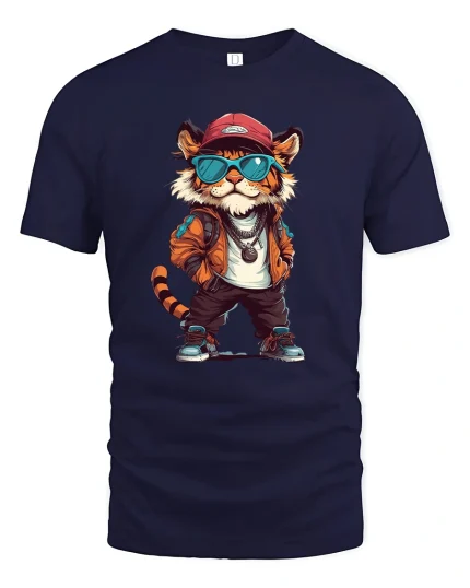 Cool Street Style Tiger Art Tee Urban Hip Hop Character - navy t-shirt on white background