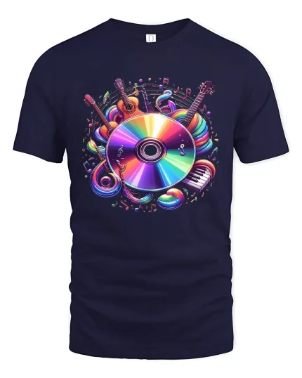 Colorful Music Disc Art Tee Vibrant Sound And Rhythm Style - navy t-shirt on white background