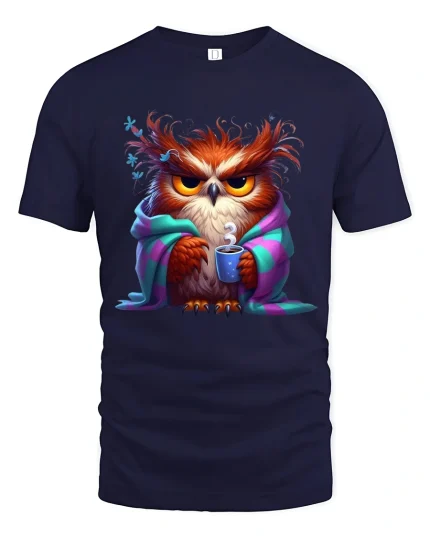 Cozy Grumpy Owl Coffee Art Tee Cute Funny Morning Mood - navy t-shirt on white background