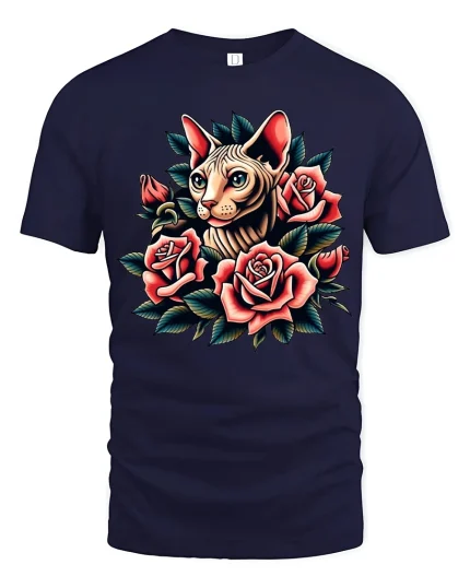 Floral Sphynx Cat Rose Art Tee Elegant Cute Tattoo Style - navy t-shirt on white background