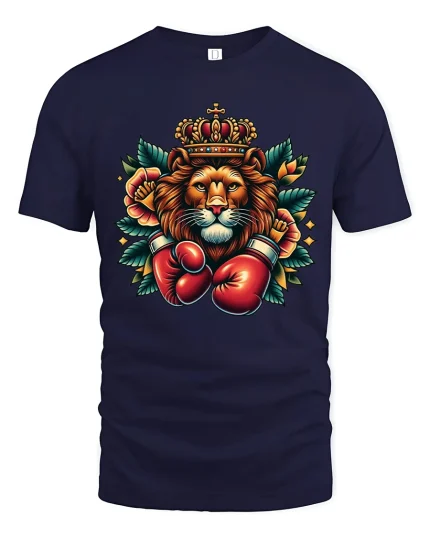 Crowned Lion Boxing Gloves Art Tee Powerful Champion Spirit - navy t-shirt on white background