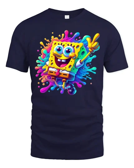 Colorful Happy Sponge Cartoon Art Tee Fun Paint Splash Style - navy t-shirt on white background