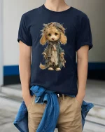 Vintage Cute Puppy Doll Art T Shirt Whimsical Storybook Style - model wearing navy tee with hands in pockets