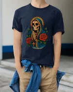 Sacred Praying Skull Art Tee Day Of The Dead Style - model wearing navy tee with hands in pockets
