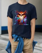 Cozy Grumpy Owl Coffee Art Tee Cute Funny Morning Mood - model wearing navy tee with hands in pockets