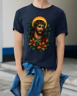 Sacred Jesus Portrait Art Tee Floral Religious Illustration - model wearing navy tee with hands in pockets