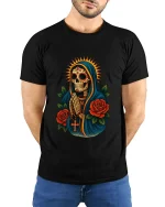 Sacred Praying Skull Art Tee Day Of The Dead Style - model wearing black tee with hands behind back